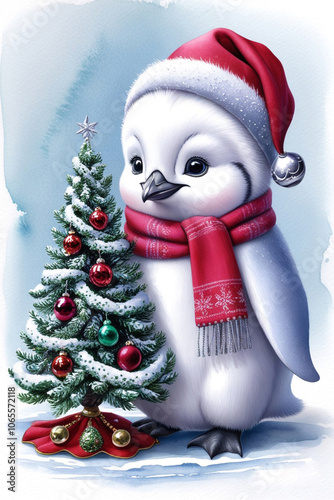 a very cute New Year's penguin in a hat and a red scarf on a neutral blue background holds a Christmas tree with decorations