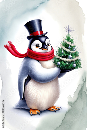 a very cute New Year's penguin in a hat and a red scarf on a neutral blue background holds a Christmas tree with decorations