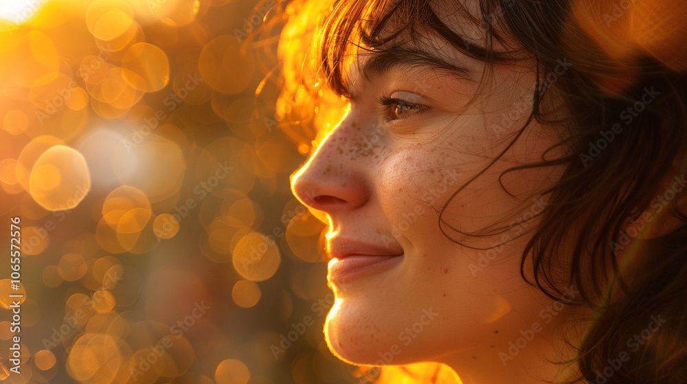 A close shot of a face in profile, smiling softly as they look into the distance, bathed in warm light. A close shot of a face in profile, smiling softly as they look into the distance, bathed in warm light.