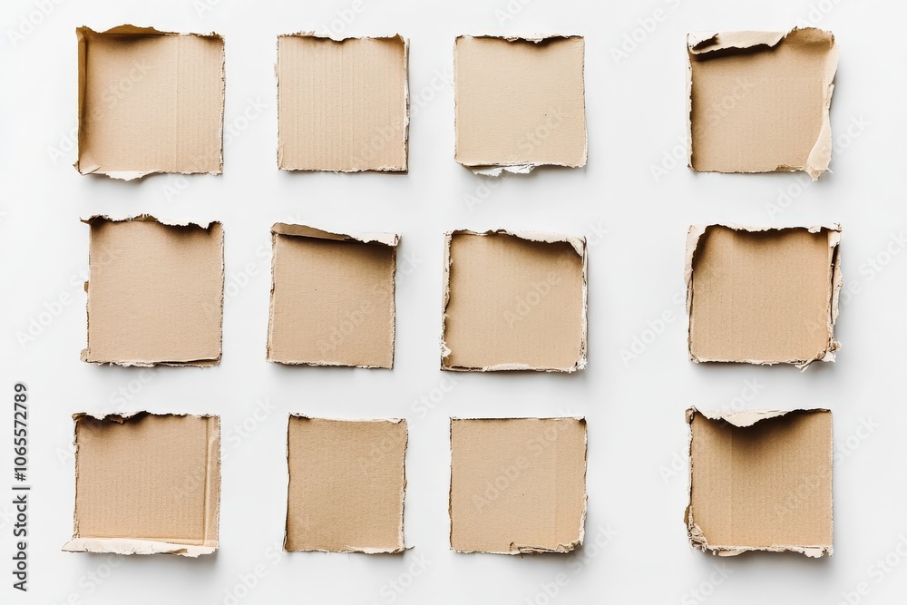 Fototapeta premium A grid of evenly arranged, torn cardboard pieces on a white background, expressing creativity and abstraction through everyday materials in art.