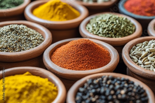 A close-up view of vibrant and colorful spices neatly arranged in clay bowls, illuminating the textures and inviting scents of diverse global cuisines. photo