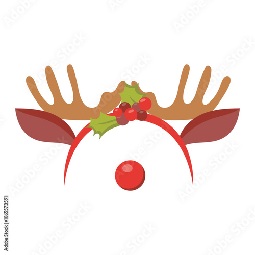 Christmas hoop with reindeer antlers in flat design. Hat with ears, horns, holly. Vector illustration isolated.