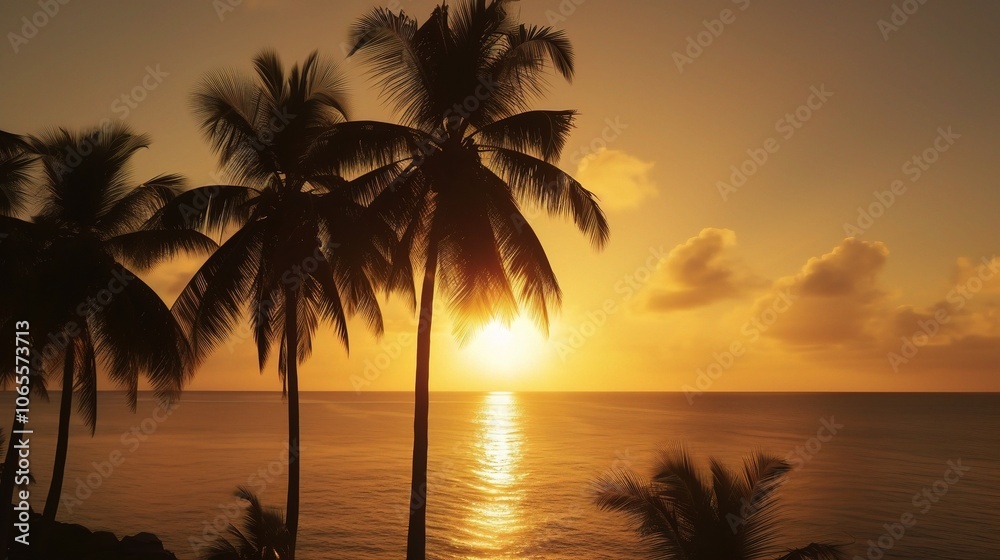 Obraz premium Tropical Sunset Over Calm Ocean with Palm Trees