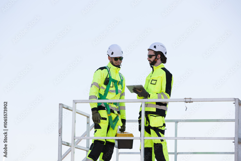 Fototapeta premium Group of male engineer working with plan inspecting or maintenance of wind turbines at windmill field farm. Team of male engineer control or monitoring wind turbine system at wind turbines farm