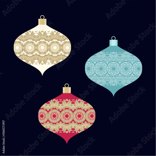 Colorful decorative Christmas adornments, garlands,  ornamental baubles,  border ornament