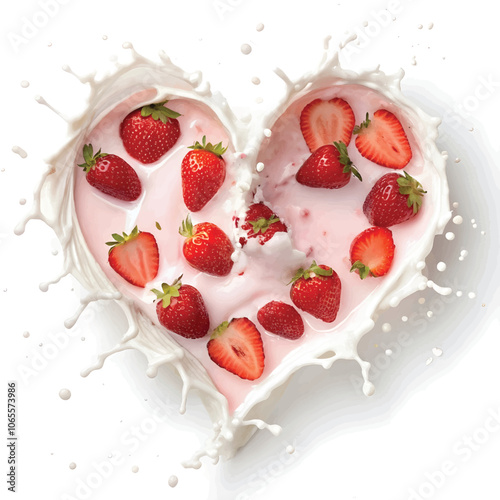 abstract 3d vector milk or yogurt splash with strawberries into the love circle isolated on white background