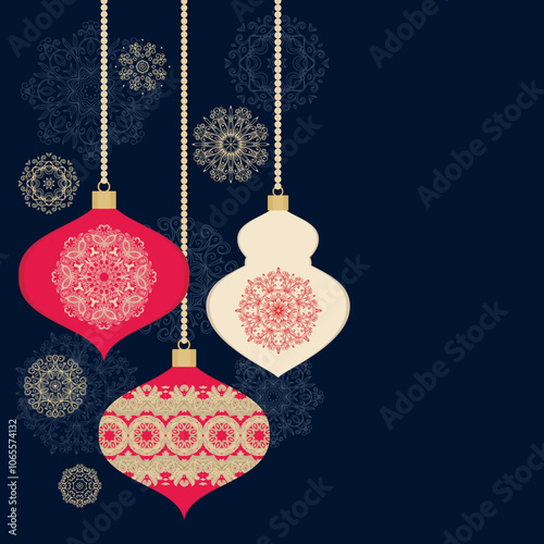 Colorful decorative Christmas adornments, garlands,  ornamental baubles,  border ornament