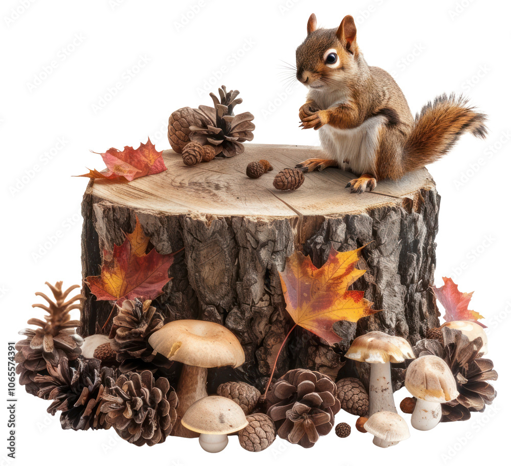 Obraz premium PNG A tree stump mushrooms squirrel autumn.