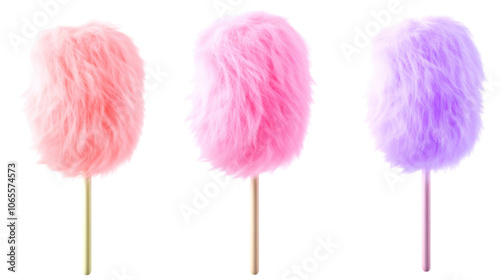 Colorful cotton candy in pink and purple on sticks, isolate on transparent background, cutout, png photo