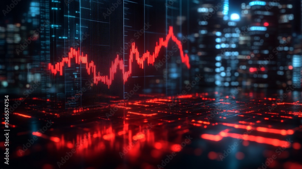 Red Stock Market Chart on a Digital Display with a Cityscape Background Red Stock Market Chart on a Digital Display with a Cityscape Background