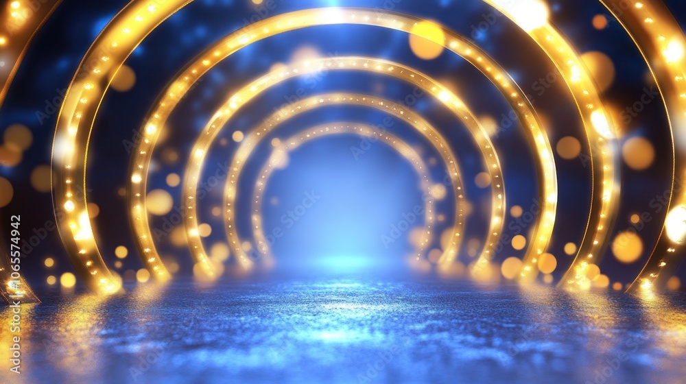 Naklejka premium A glowing, abstract tunnel with shimmering lights and a misty background.