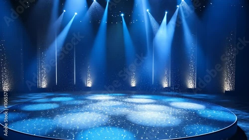 A circular stage bathed in blue spotlights awaits a performer in the heart of a darkened theater