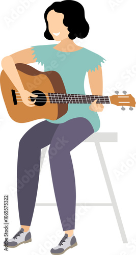 Vector people. Playing acoustic guitar. A girl musician sits and plays the guitar. Vector illustration