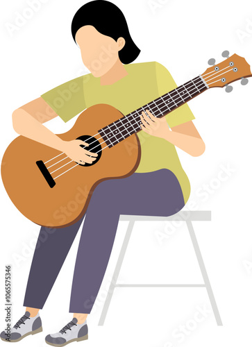 Vector people. Playing acoustic guitar. A woman sits on a chair and plays the guitar. Vector illustration