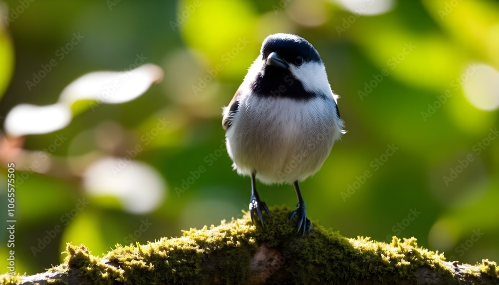 Obraz premium Black-capped Chickadee perched mossy branch soft sunlight illuminating feathers natural background