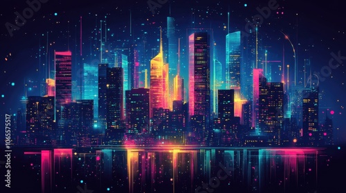 Wallpaper Mural Vibrant neon cityscape made of rectangles and circles, glowing electric blue, neon pink, and lime green against a dark background. Torontodigital.ca