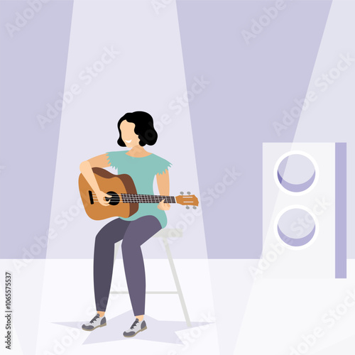 Vector people. Playing acoustic guitar. A girl sits with a guitar on stage.