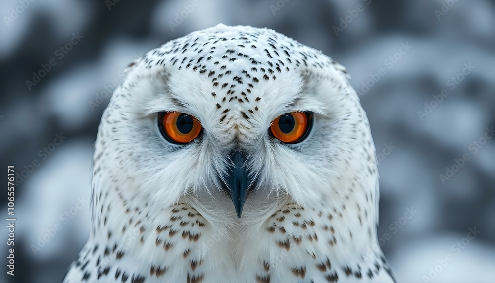 Obraz premium Close-up of a snowy owl's face showing intricate feather patterns and orange yellow eyes with snow