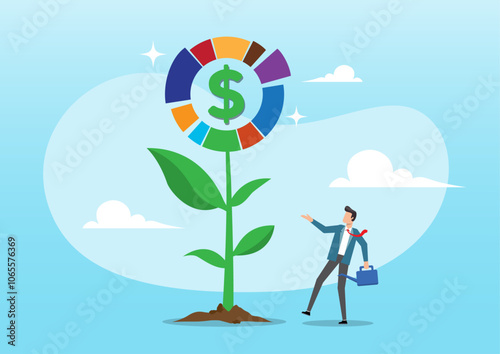 Businessman watering grow plant of investing portfolio pie chart