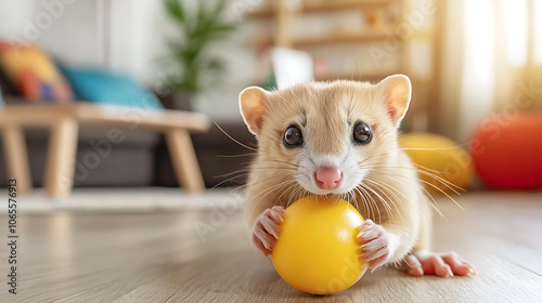 Ferret joyfully plays with colorful toys in cozy living room photo