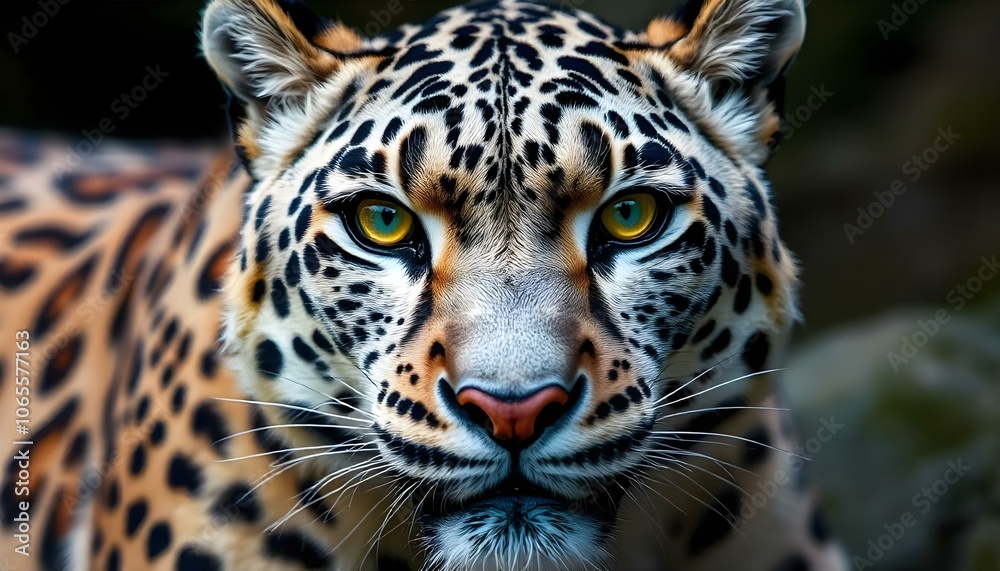 Obraz premium Snow leopard with spotted coat and bright yellow eyes captured in close-up, emphasizing its allure