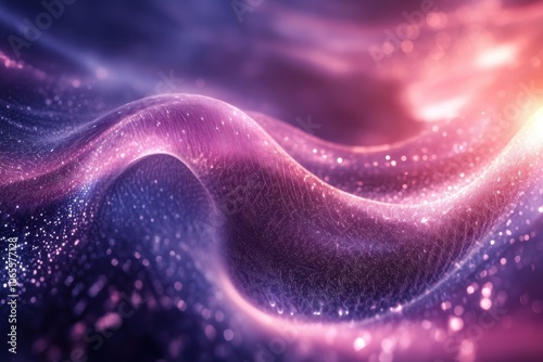 A vibrant abstract depiction of flowing waves and shimmering particles at twilight