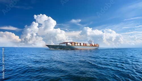 A large container ship unloads cargo at a bustling harbor, showcasing global maritime trade and logistics