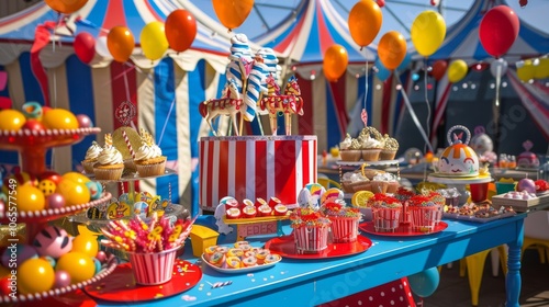 A colorful dessert table filled with cakes, candies, and treats under a festive striped tent. photo