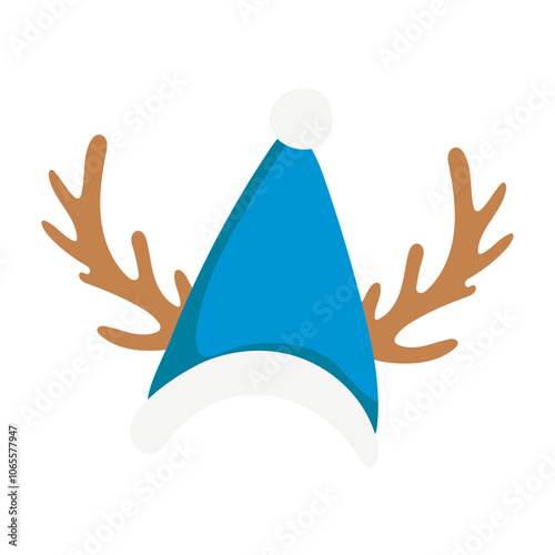 Christmas hat with reindeer antlers in flat design. Blue hat with horns. Vector illustration isolated.