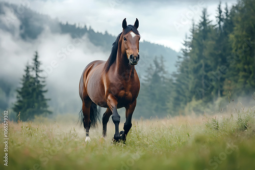 Majestic horse gallops freely in lush open field under cloudy sky