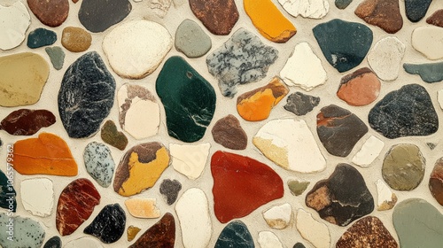 Top view of pebble stone texture with various shapes and colors, creating a natural and organic look photo