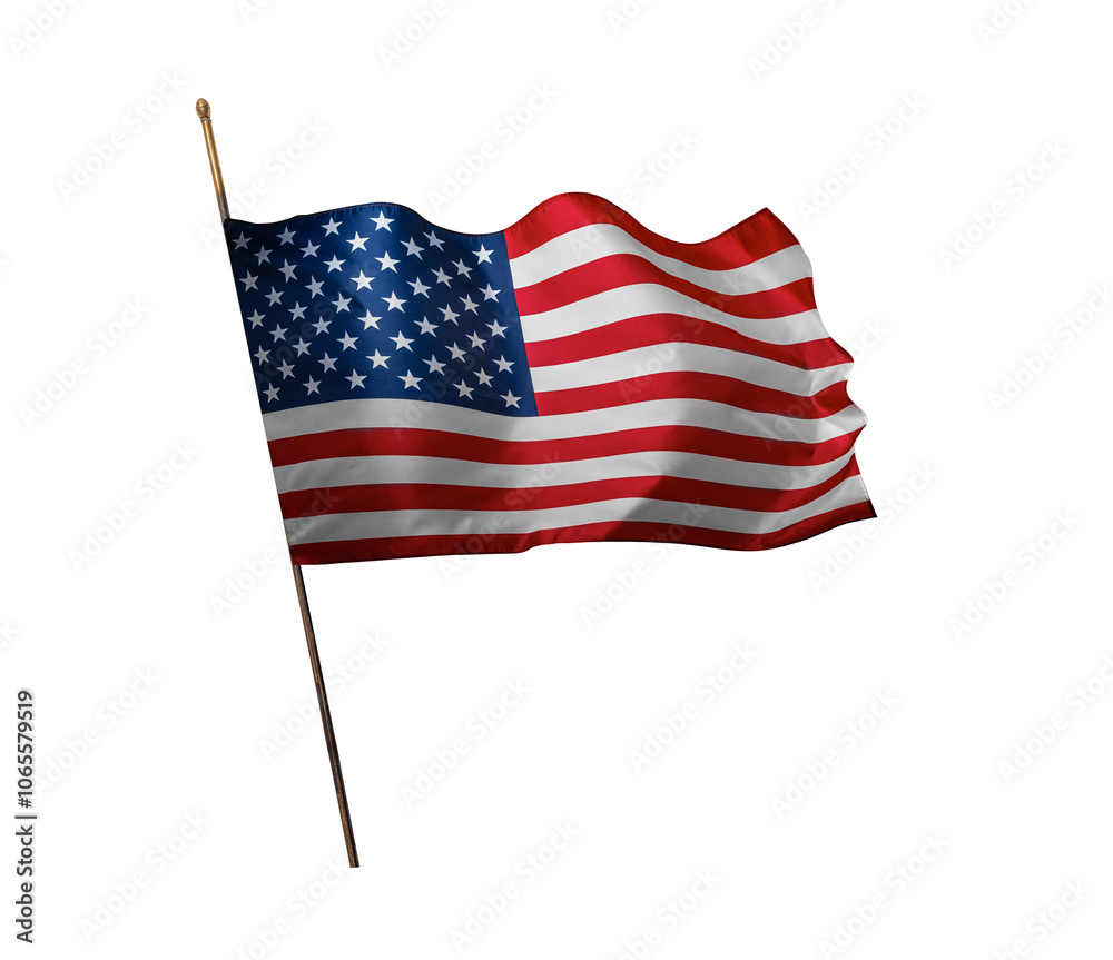 Flag of the United States of America. The US flag flutters in the wind. Isolated on a white background.