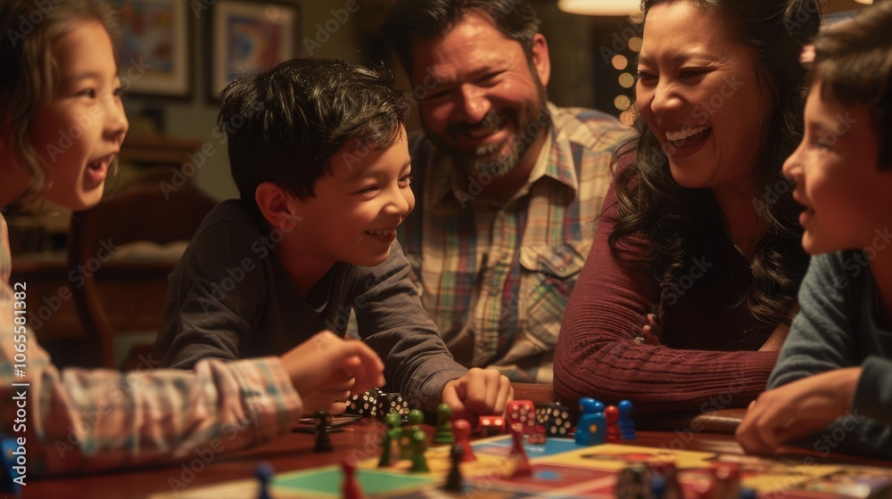 Fototapeta premium Family enjoying a game night, laughing and bonding over a board game together.