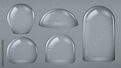Realistic glass domes set. Containers of various shapes. Snowglobe mockup. Christmas and New Year, Noel Eve. Holiday and festival. 3D vector collection