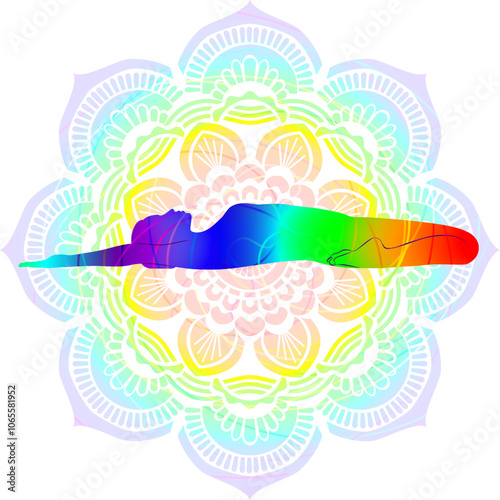 Colorful silhouette of woman practicing Utthita Supta Virasana yoga pose. Extended Supine Hero pose. Isolated vector illustration