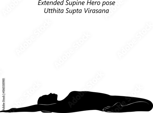 Silhouette of woman practicing Utthita Supta Virasana yoga pose. Extended Supine Hero pose. Intermediate Difficulty. Isolated vector illustration photo