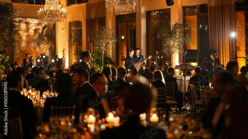 Elegant dinner event with musicians performing in a lavish setting, beautifully lit ambiance and guests enjoying the evening.