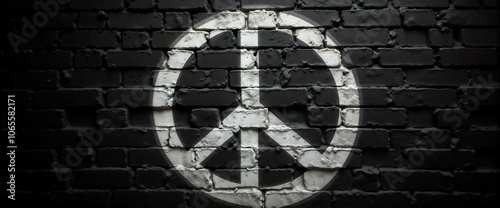 White peace symbol graffiti on black brick wal photo