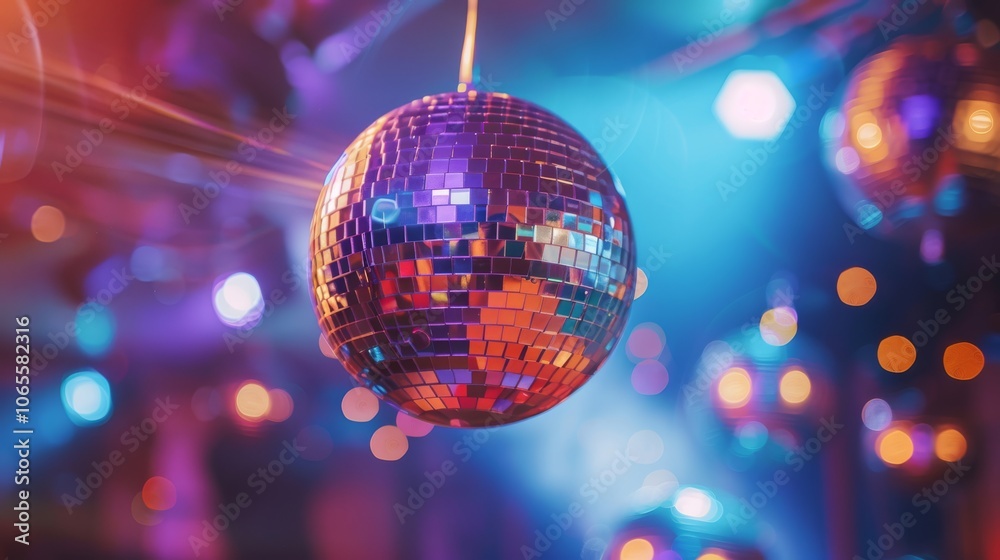 Obraz premium Disco ball reflecting colorful lights in a vibrant party atmosphere.
