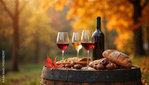 Wine tasting scene in South Tyrol with autumn foliage, wine glasses, and traditional foods.

 photo