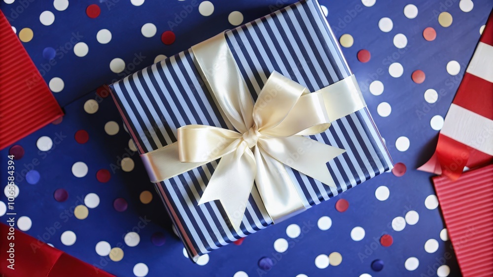 Obraz premium A Navy Blue and White Striped Gift Box with a Creamy White Bow on a Blue Background with White, Red, and Gold Confetti
