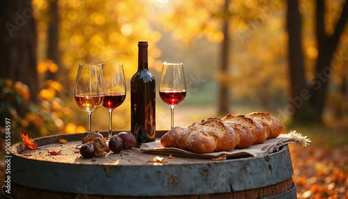 Wine tasting scene in South Tyrol with autumn foliage, wine glasses, and traditional foods.

 photo