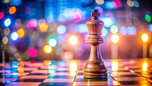 King of the Board A Wooden Chess Piece Stands Tall Under a Colorful Bokeh Glow photo