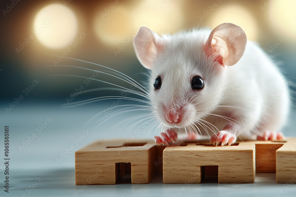 Fototapeta premium Pet rat demonstrates intelligence while playing with maze toy