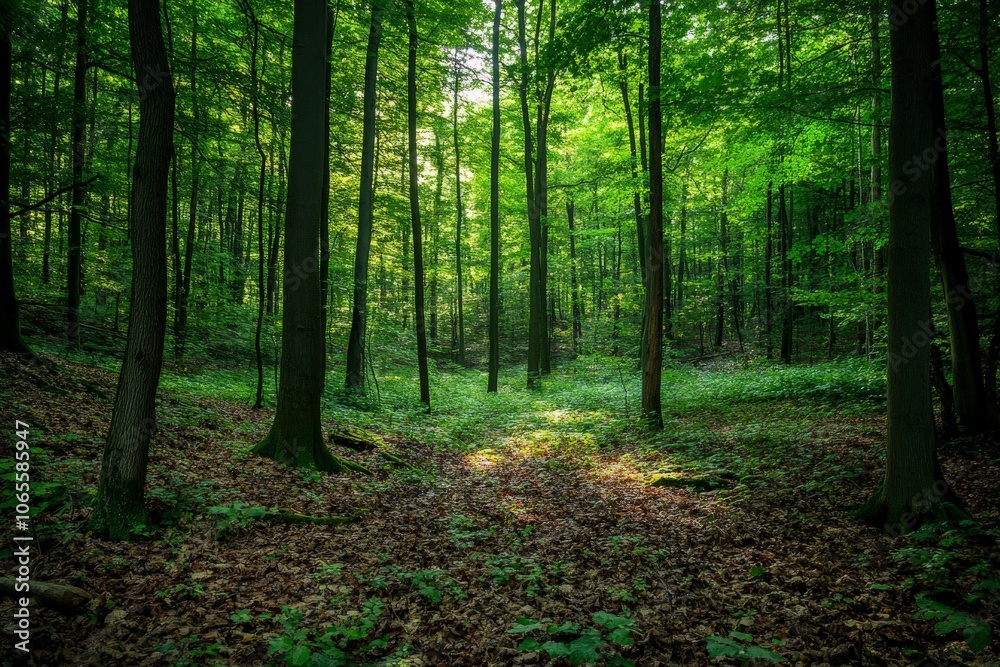 Obraz premium A serene natural forest scene showcasing lush green foliage with sunlight gently filtering through trees, creating a peaceful and tranquil atmosphere of nature.