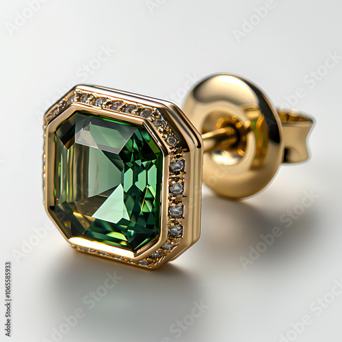 legant Square Emerald Green Gemstone Stud Earrings in Gold photo