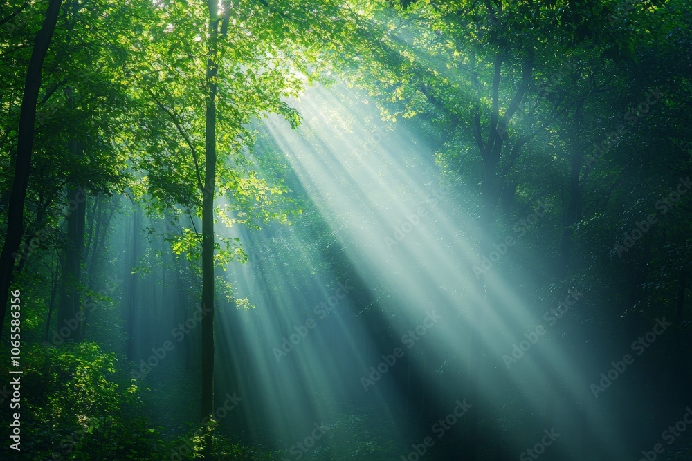 Obraz premium Bright rays of sunshine pierce through the dense canopy of green leaves, creating a captivating scene filled with the tranquility and beauty of natural light.