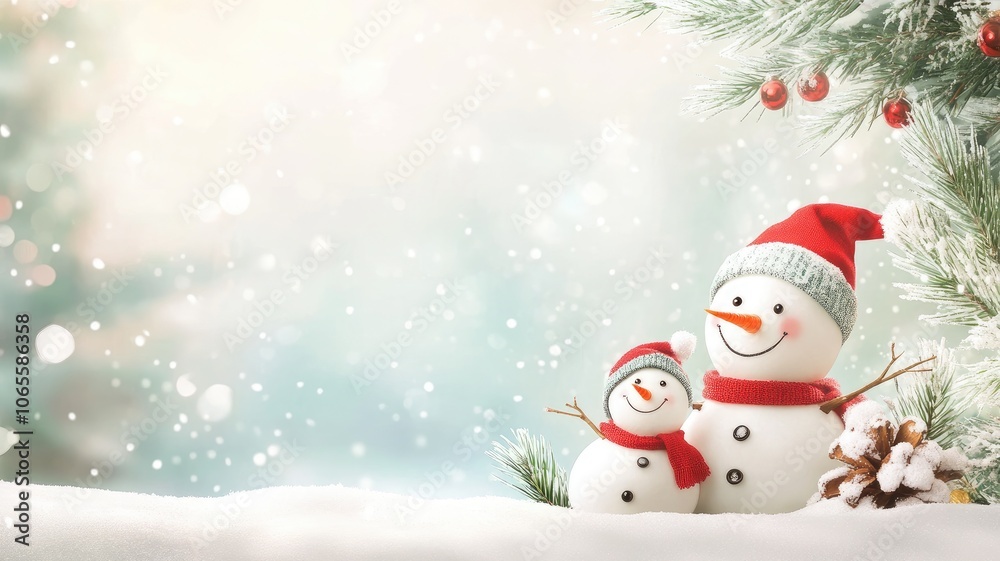 Fototapeta premium Two snowmen in festive hats amidst snowy, winter scene
