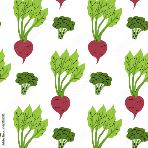 Colorful vegetable pattern featuring radishes and broccoli on a white background