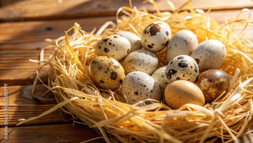 A delicate nest of dried grass cradles a collection of speckled quail eggs, bathed in the warm glow of sunlight, creating a picturesque scene of rustic beauty.